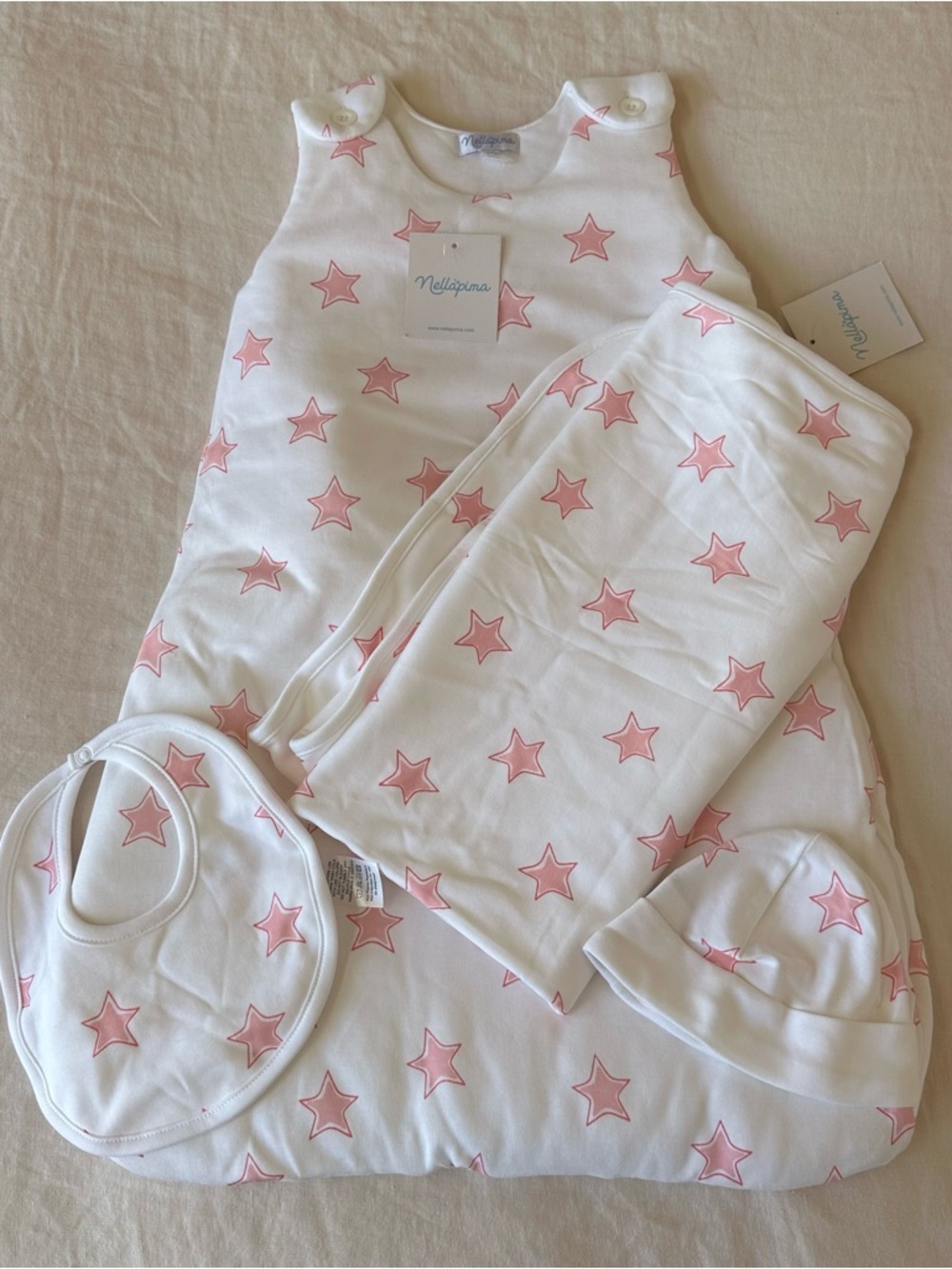 Nellapima Pink Stars Print Sleep Sack Blanket Bib Hat 4 Piece Set NEW NWT